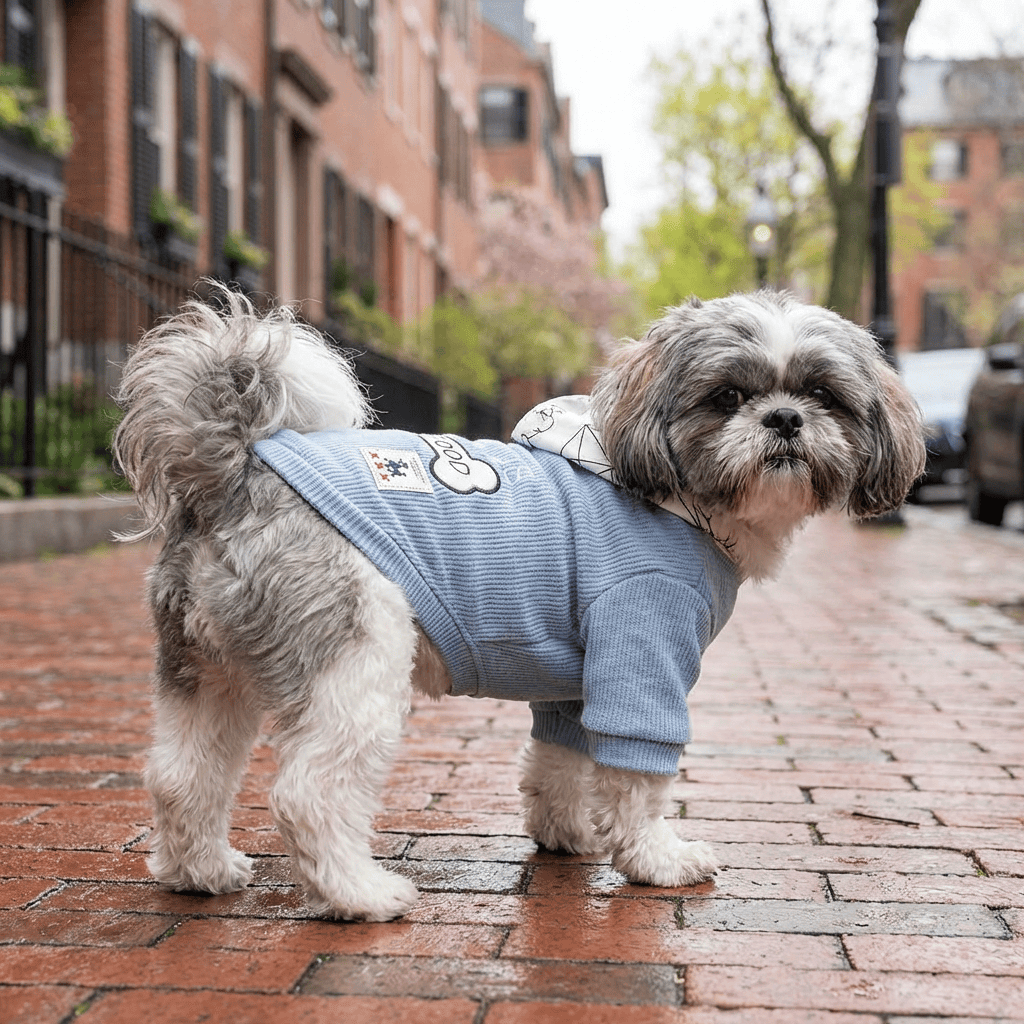 This Is My Food Dog Hoodie on a small dog outdoors, showcasing comfort, warmth, and style for dogs & cats.