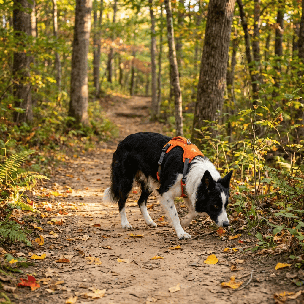 Border Collie wearing a TrailSafe Waterproof Dog Harness while exploring a forest trail.