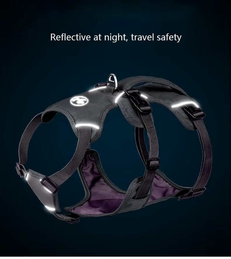 TrailSafe Waterproof Dog Harness with reflective accents for night safety and travel, perfect for medium to large dogs.
