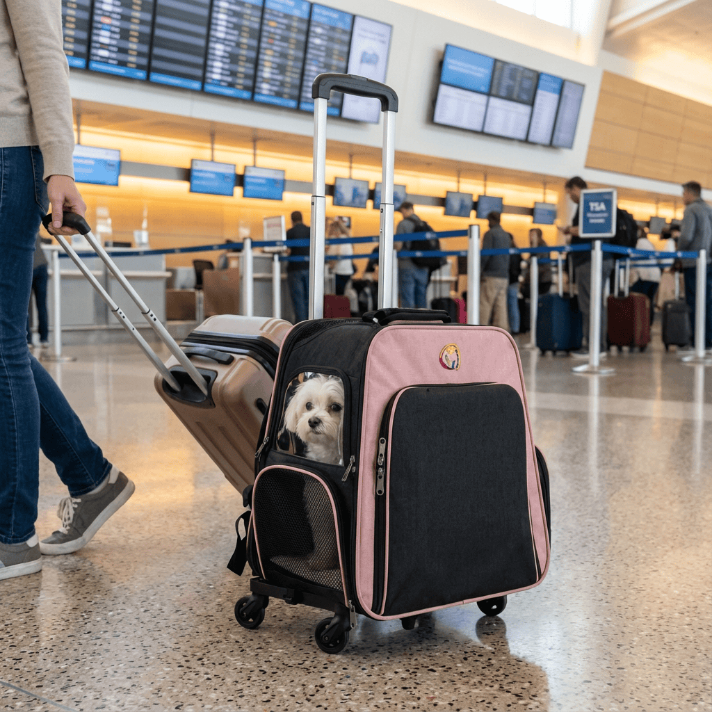 Travel Pet Trolley for Dogs & Cats with spacious design, perfect for airport travel comfort and convenience.