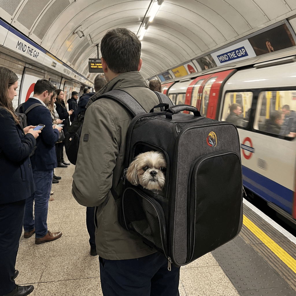 Travel Pet Trolley in use, portable pet carrier for dogs & cats at subway station, offering comfort and convenience.