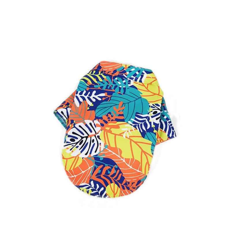 Tropical Hawaiian Pet Shirt featuring vibrant tropical leaf designs, perfect for dogs & cats, ideal for warm weather adventures.