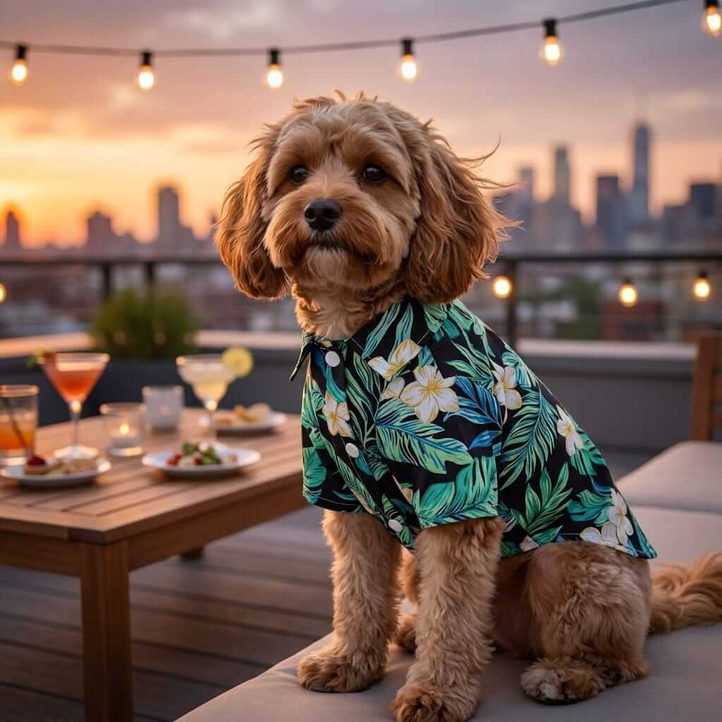 Tropical Hawaiian Pet Shirt on a dog enjoying an outdoor sunset party with tropical drinks and festive lights.