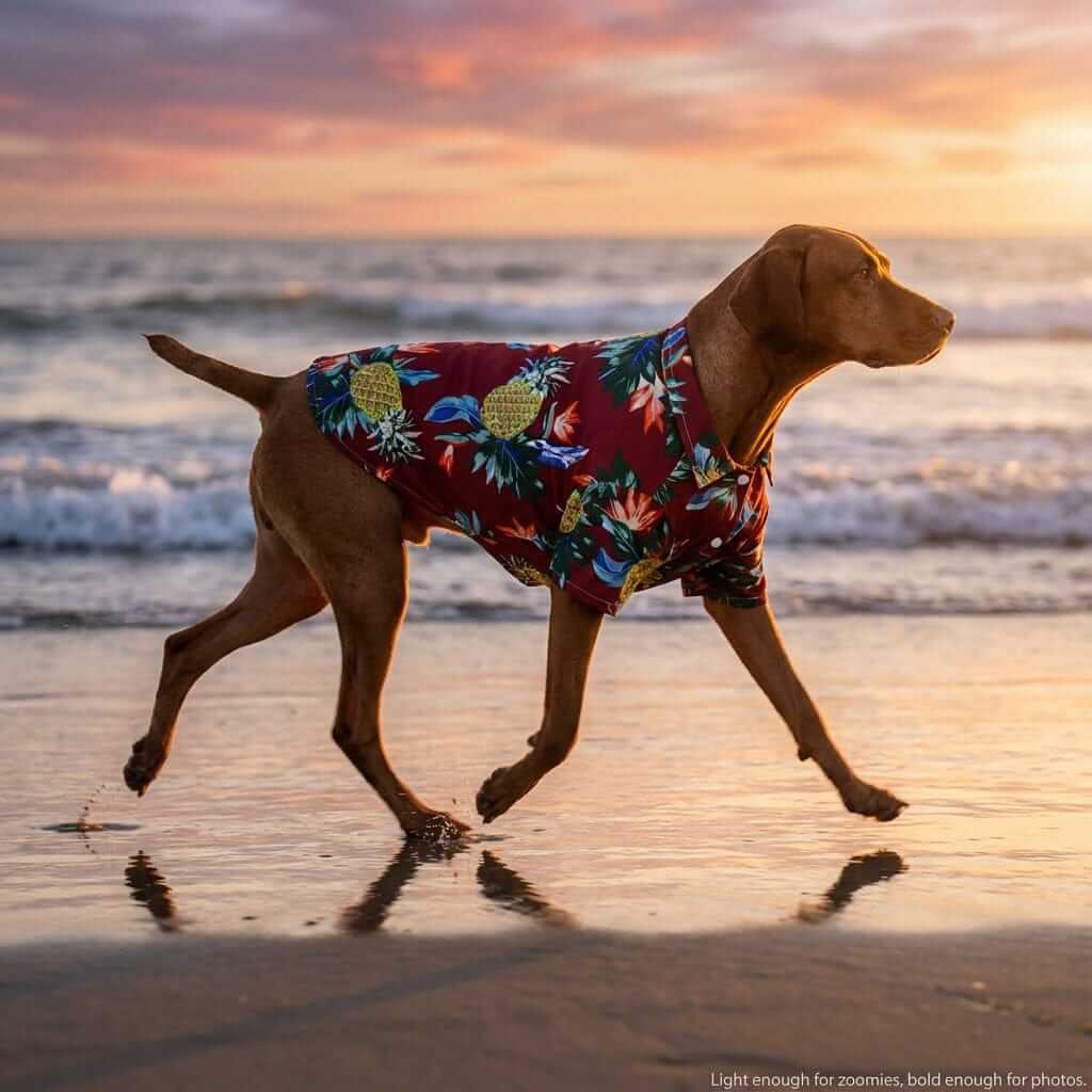 Tropical Hawaiian Pet Shirt on a dog at the beach, designed for comfort and style, perfect for warm weather and dogs & cats.