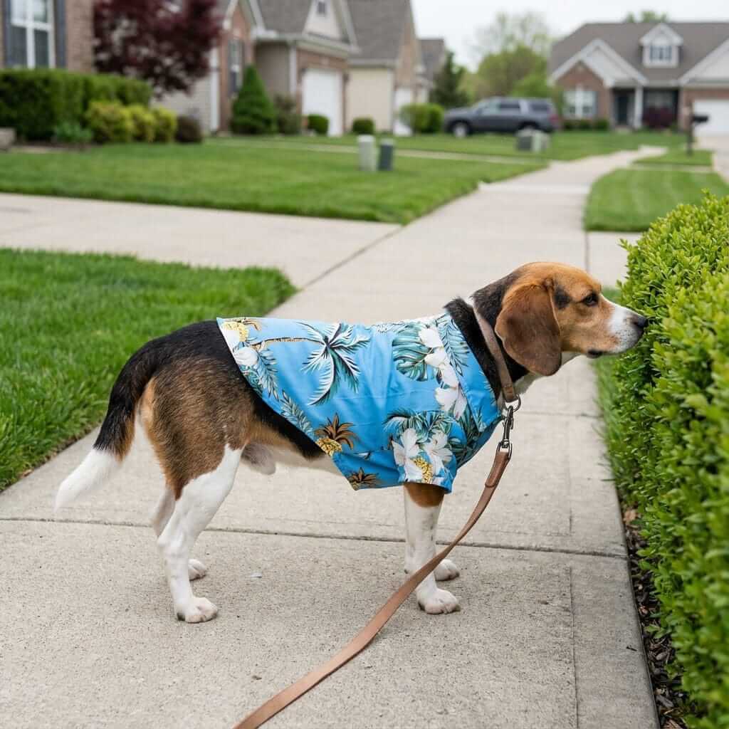 Beagle wearing a Tropical Hawaiian Pet Shirt, showcasing island style and comfort on a walk.