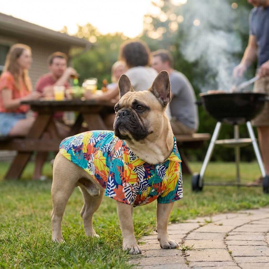 Dog wearing a Tropical Hawaiian Pet Shirt, perfect for summer gatherings and adding island vibes for pets.