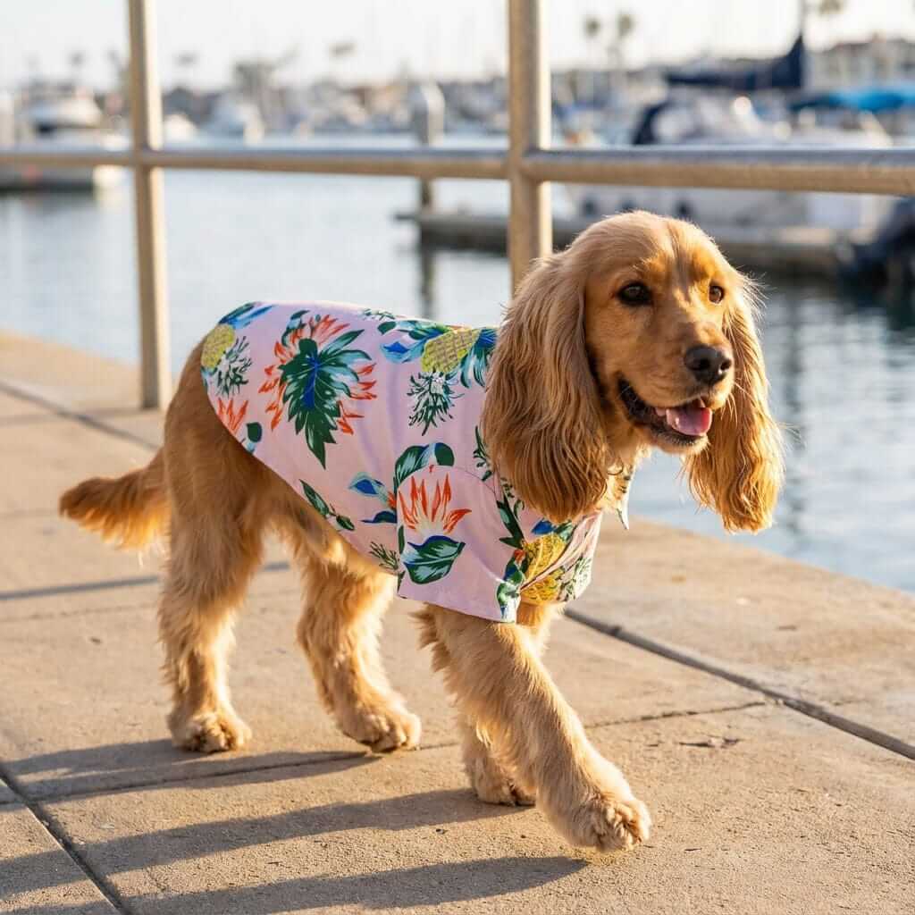 Tropical Hawaiian Pet Shirt for Dogs & Cats, featuring vibrant floral pattern, perfect for warm weather and beach outings.