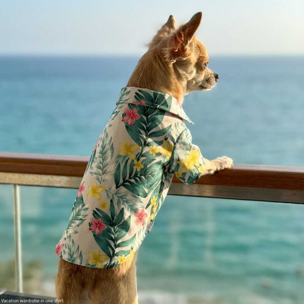 Tropical Hawaiian Pet Shirt on a dog, showcasing vibrant floral design, perfect for warm weather and beach outings.