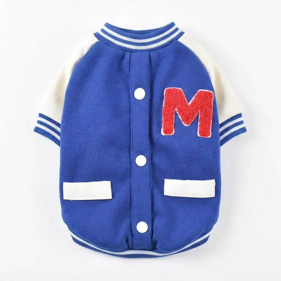 Two-legged Short-sleeved Cotton Dog Coat in blue with red letter M, breathable design for dogs & cats.