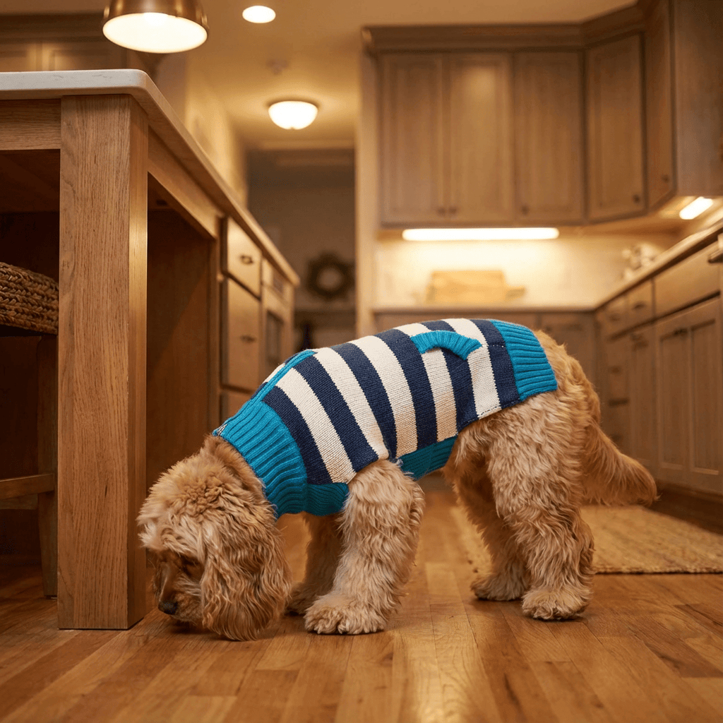 Two-Tone Zipper Dog Sweater on a small dog, featuring stylish blue and white stripes, perfect for chilly days.