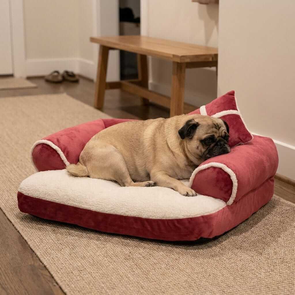 A pug comfortably resting on the Ultimate Dog Bed, designed for support with solid foam and waterproof liner.