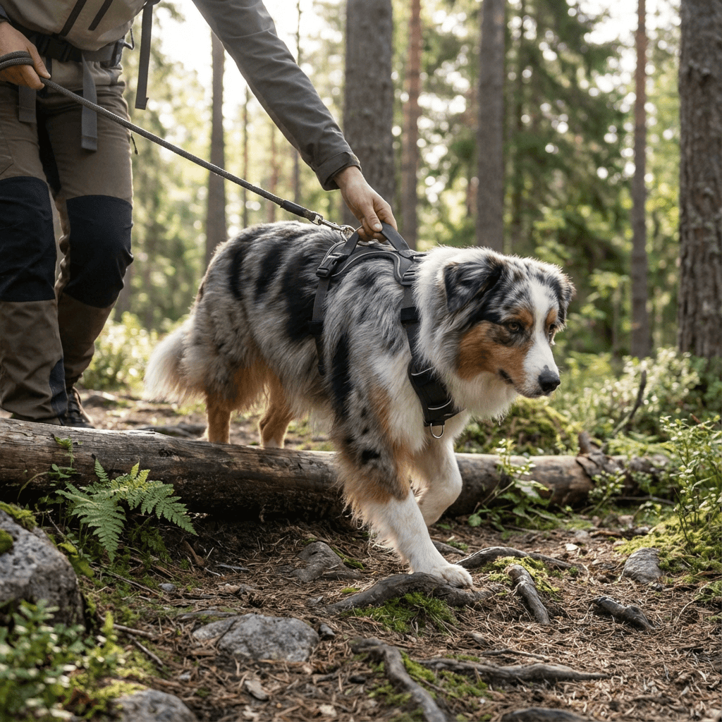 Ultimate Reflective No-Pull Dog Harness on an Australian Shepherd during a forest walk for comfort and control.