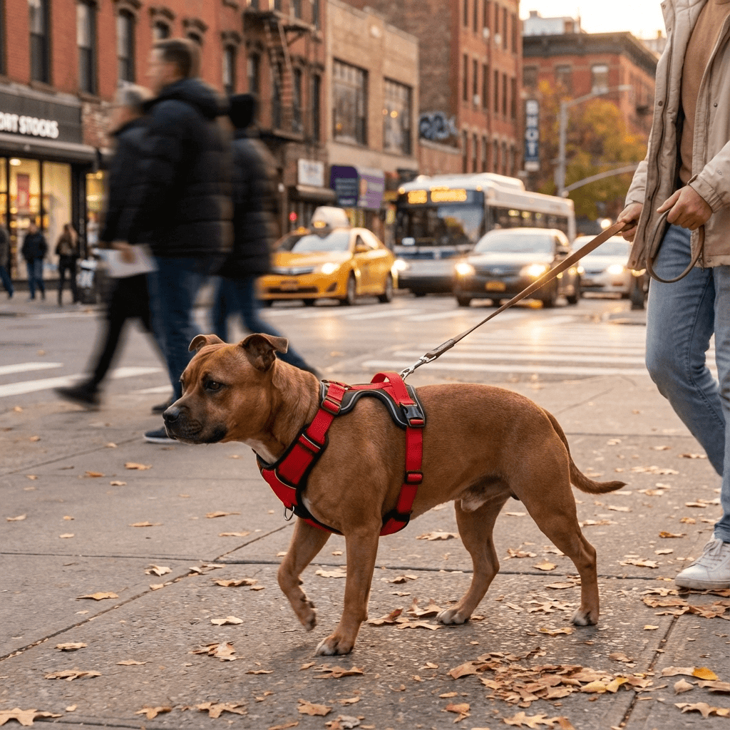 Ultimate Reflective No-Pull Dog Harness on a dog walking in the city, showcasing comfort and control for dog owners with Dogs & Cats.