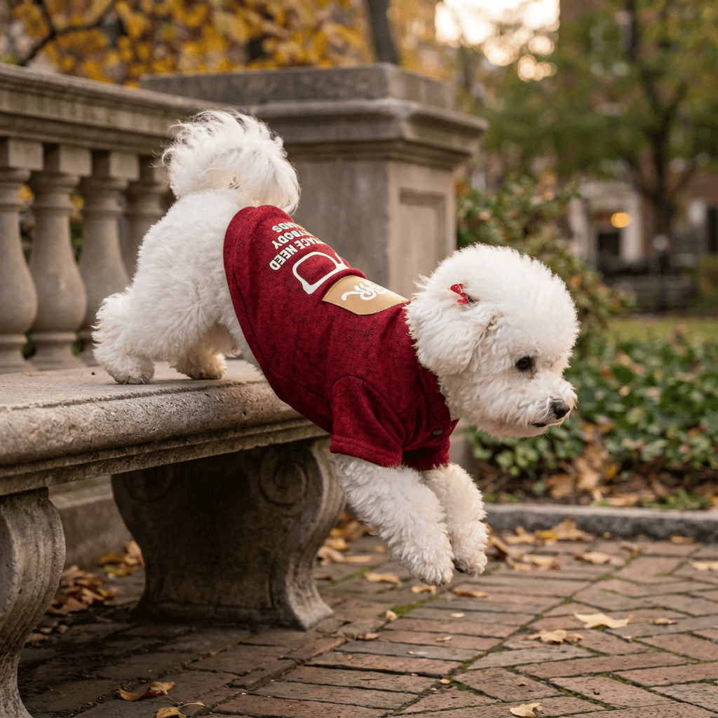 Cute dog jumping off bench wearing Unique Printed Knitted Pet Sweatshirt by Dogs & Cats.