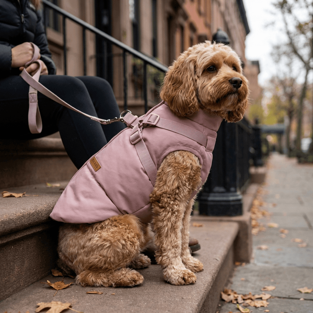 UrbanShield Puffer Harness Coat on a dog, stylish and warm design, featuring harness support, perfect for dogs & cats.