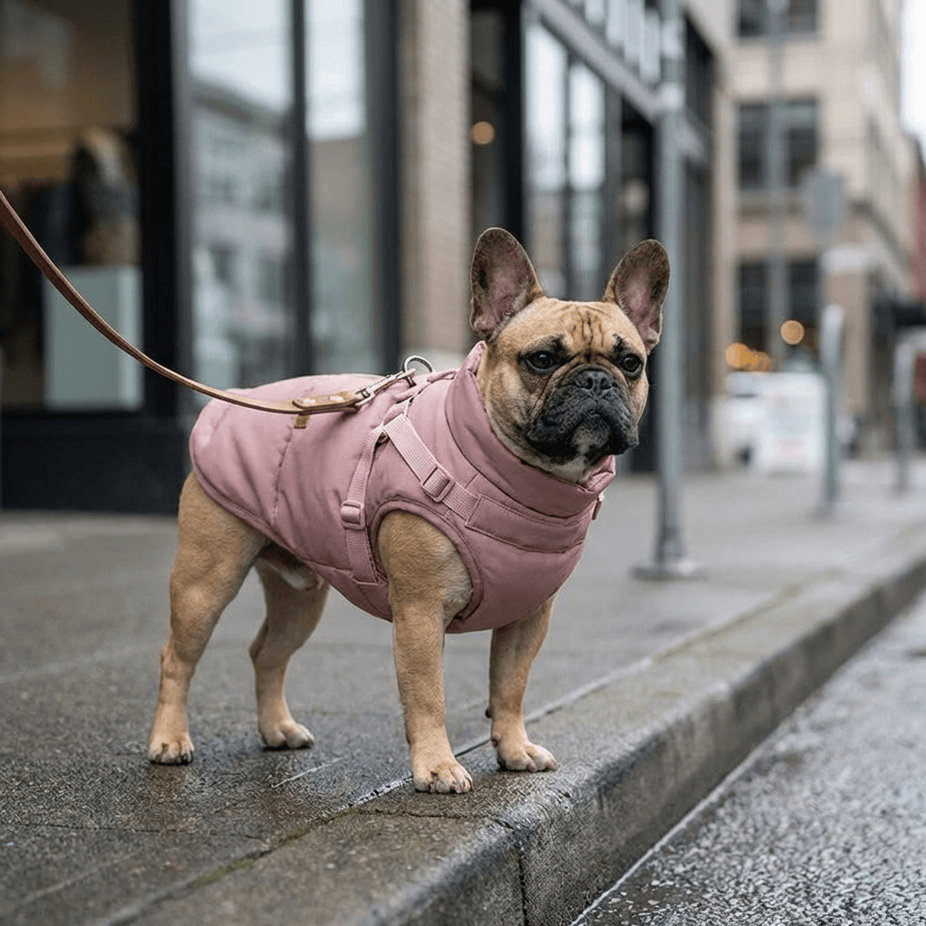UrbanShield Puffer Harness Coat on a French Bulldog, showcasing its warm, stylish design for dogs and cats.