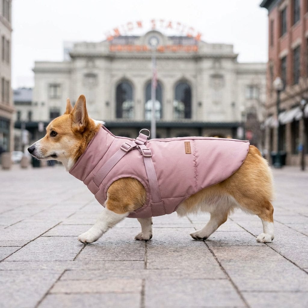 UrbanShield Puffer Harness Coat on a corgi, stylish dog winter coat with harness for warmth and adventure.