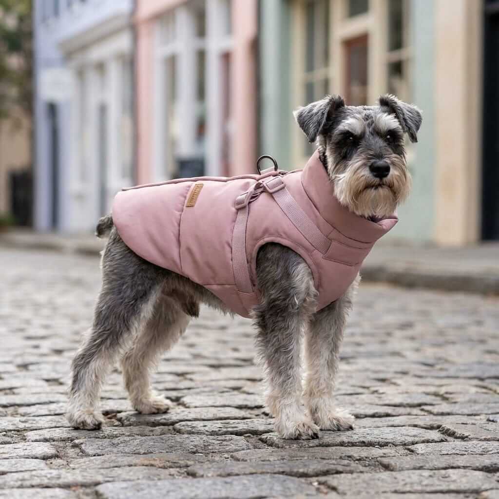 UrbanShield Puffer Harness Coat on a Schnauzer dog, showcasing its warm, stylish design and practical harness feature.
