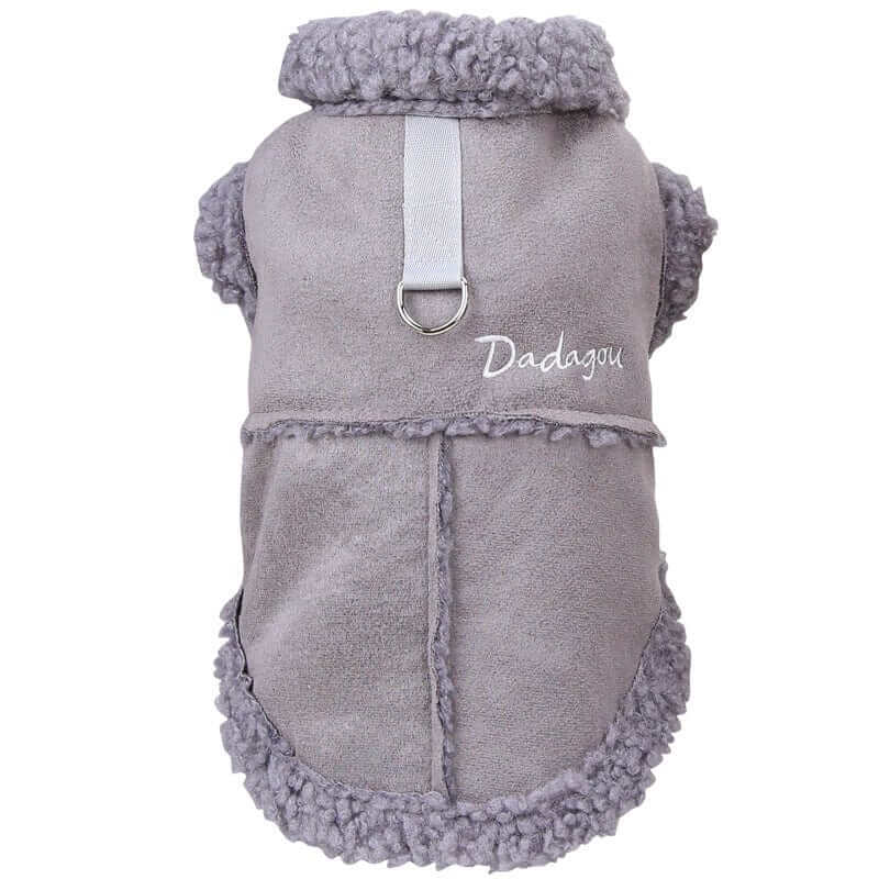 Velvet Padded Pet Vest for dogs and cats in grey with plush exterior and cozy padding for winter warmth.
