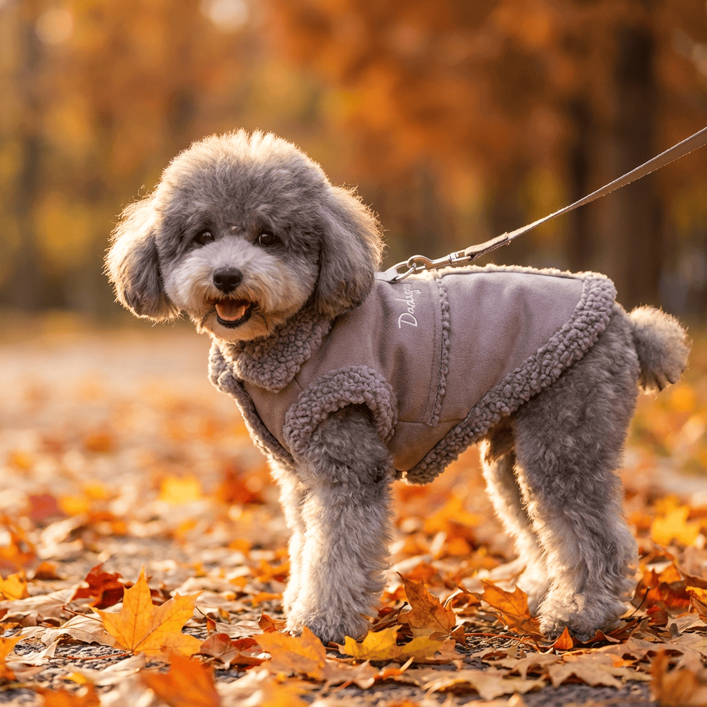 Adorable dog wearing a Velvet Padded Pet Vest, ensuring warmth and style during autumn walks.