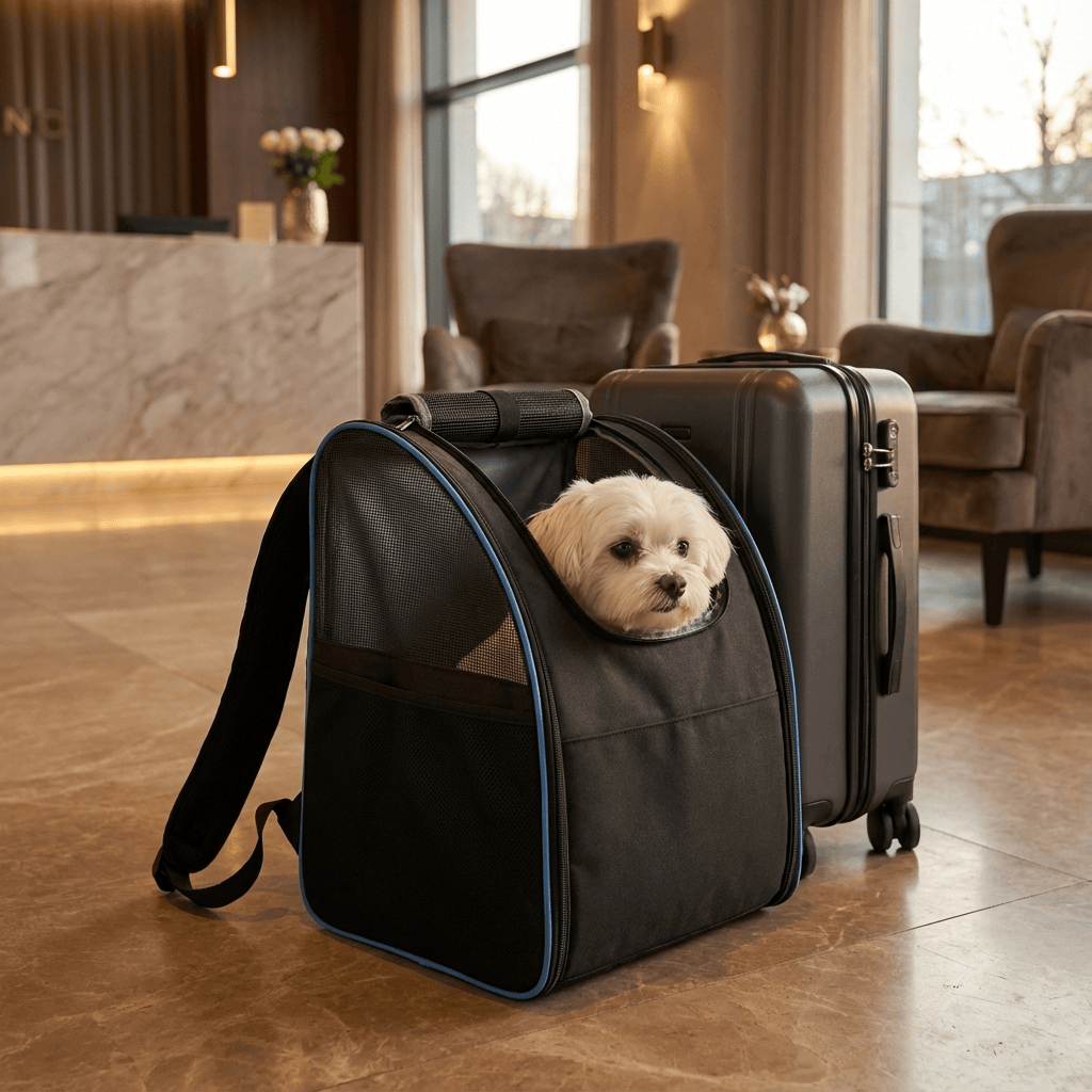 Ventura Pet Travel Backpack with a small dog inside, designed for stylish and comfortable travel with pets.