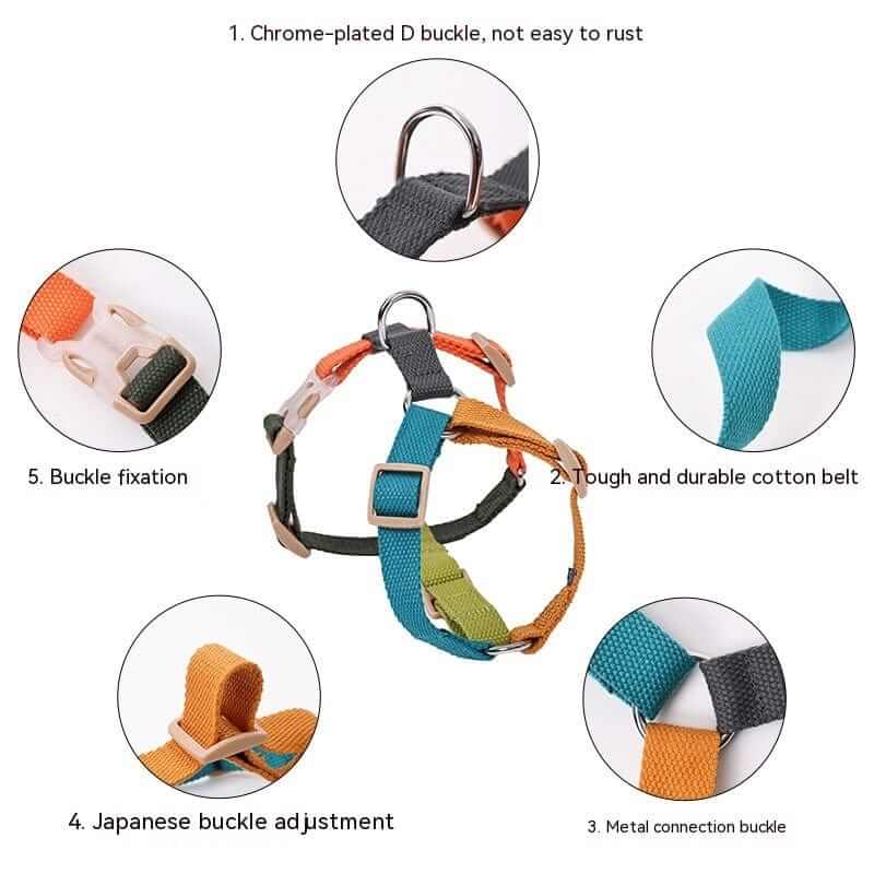 Vibrant H-Shaped Pet Harness features including rust-resistant buckle, durable cotton belt, and adjustable fit for dogs and cats.