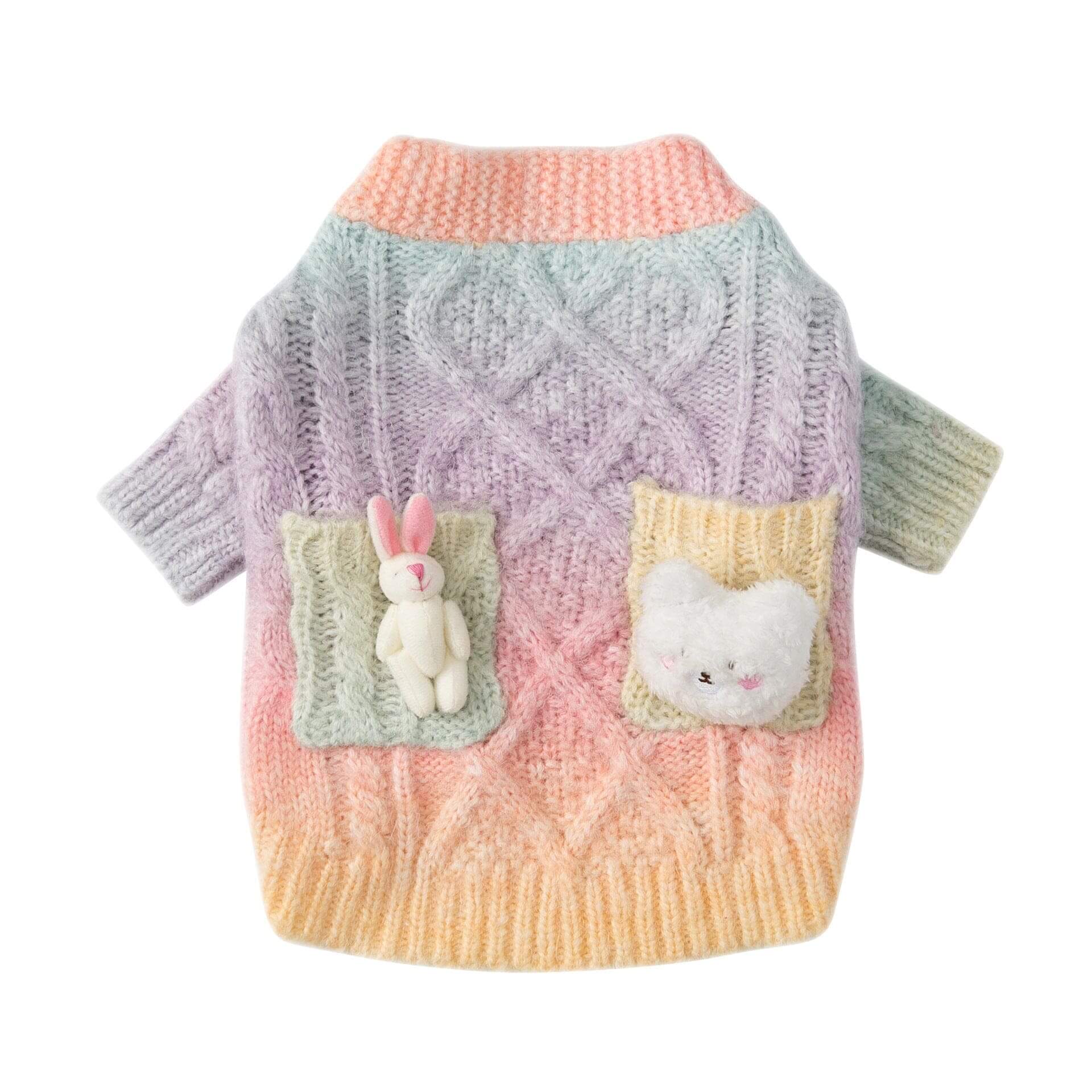 Vibrant Tie-Dye Gradient Cardigan Dog Sweater featuring cute bunny and bear appliques, cozy for dogs.
