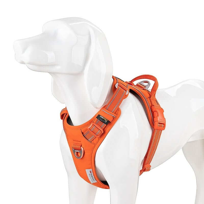 Voyager Reflective Dog Harness in bright orange, designed for comfort and safety for dogs and cats with reflective detailing.