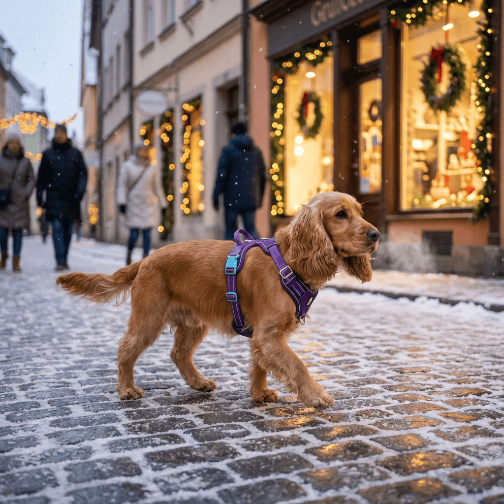 Voyager Reflective Dog Harness on a golden dog walking in the snow, showcasing style, safety, and comfort.