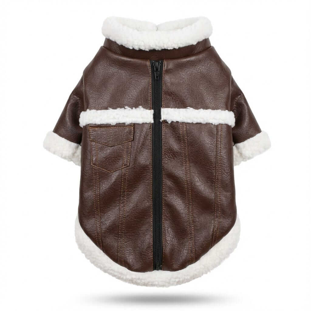 Warm And Fuzzy Winter Dog Jacket in brown, featuring cozy fur lining, back zipper, pockets, perfect for Dogs & Cats.