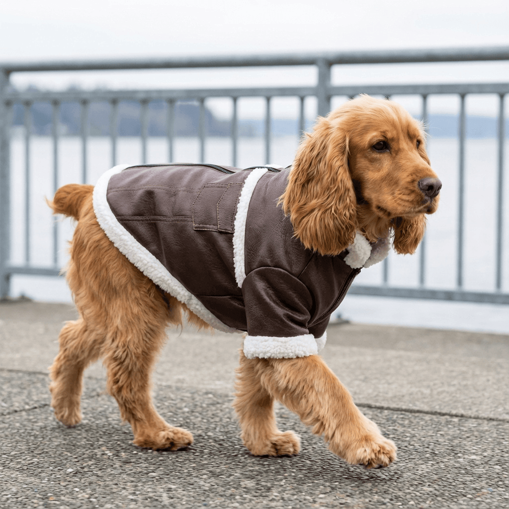A dog wearing the Warm And Fuzzy Winter Dog Jacket, featuring insulation fabric, pockets, and a back zipper for easy access.