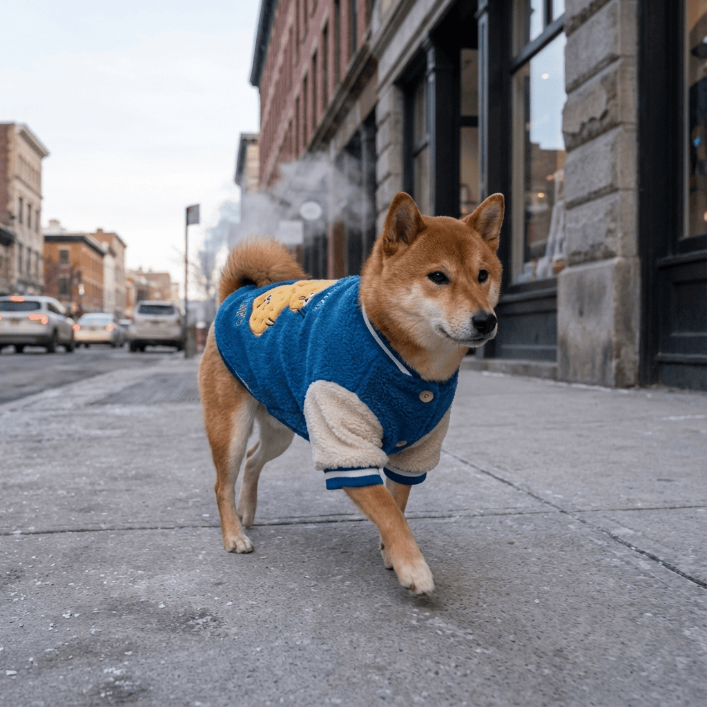 Warm Dog Baseball Jacket worn by a Shiba Inu enjoying winter walks on a city street.