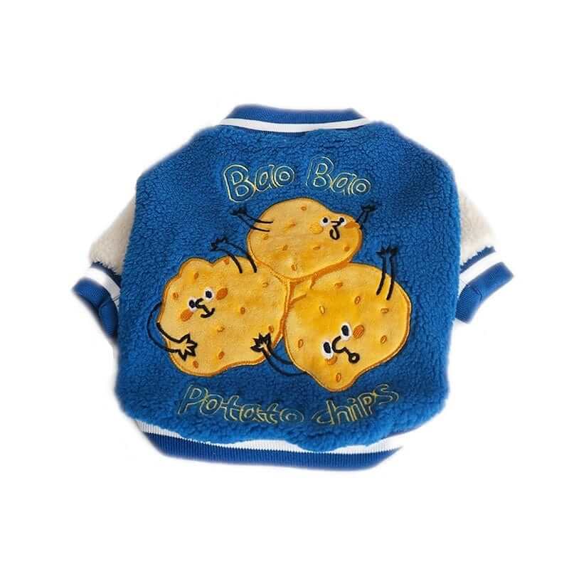 Warm Dog Baseball Jacket featuring cute potato chip design for dogs by Dogs & Cats brand.