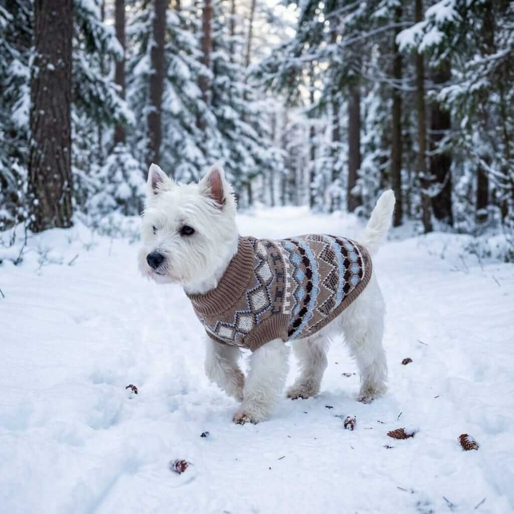 Warm Knit Pet Sweater Vest on small dog walking in snowy forest, perfect winter wardrobe for pets.