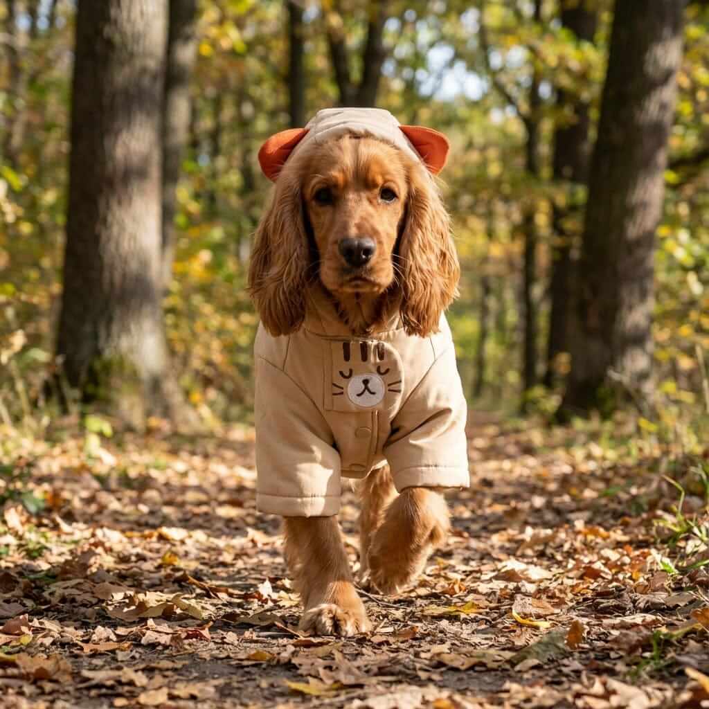 Warm Paw Haven Dog Winter Coat on a golden cocker spaniel walking in autumn forest, features hood and soft fabric by Dogs & Cats.