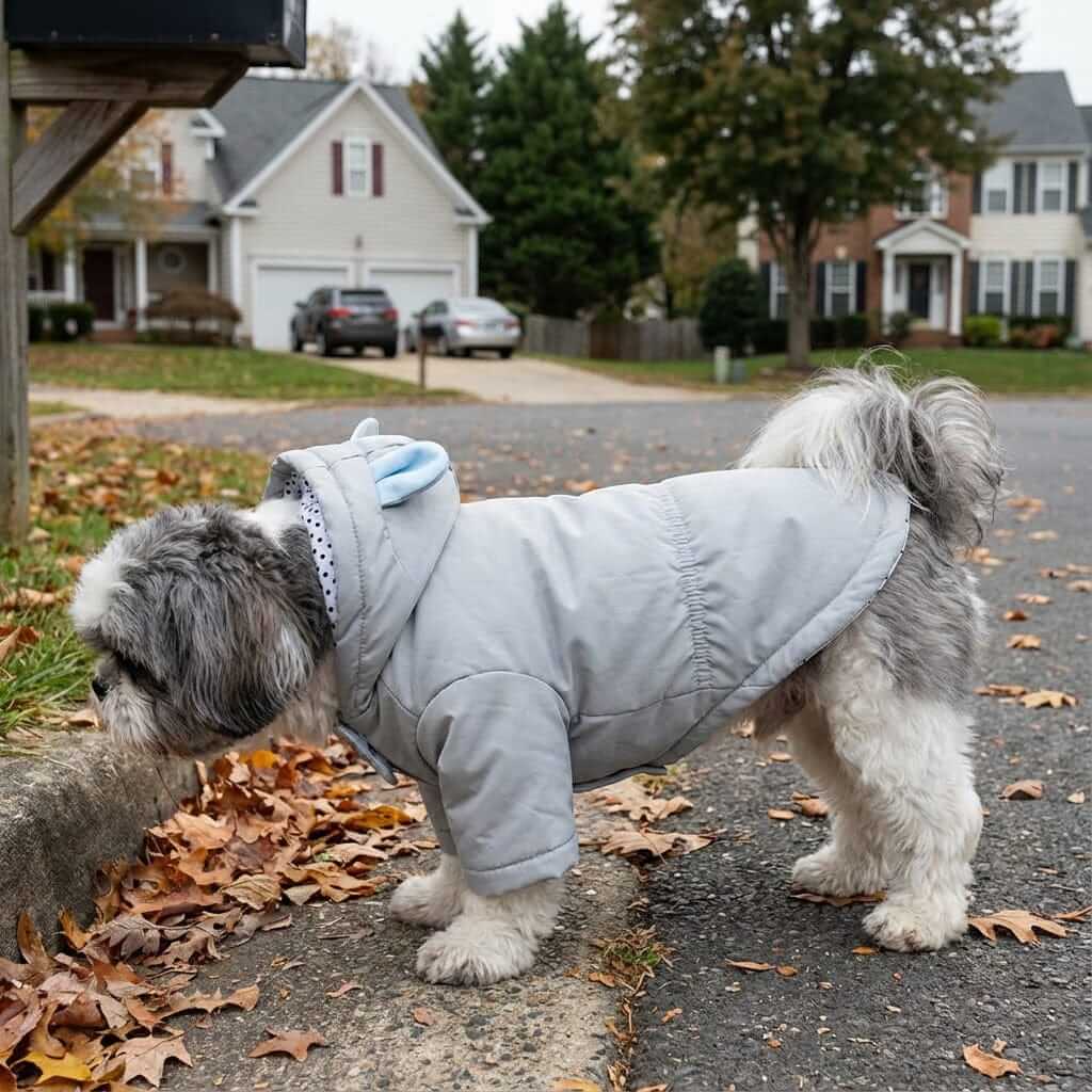 Warm Paw Haven Dog Winter Coat on a small dog, grey coat with hood, features lightweight and breathable fabric.