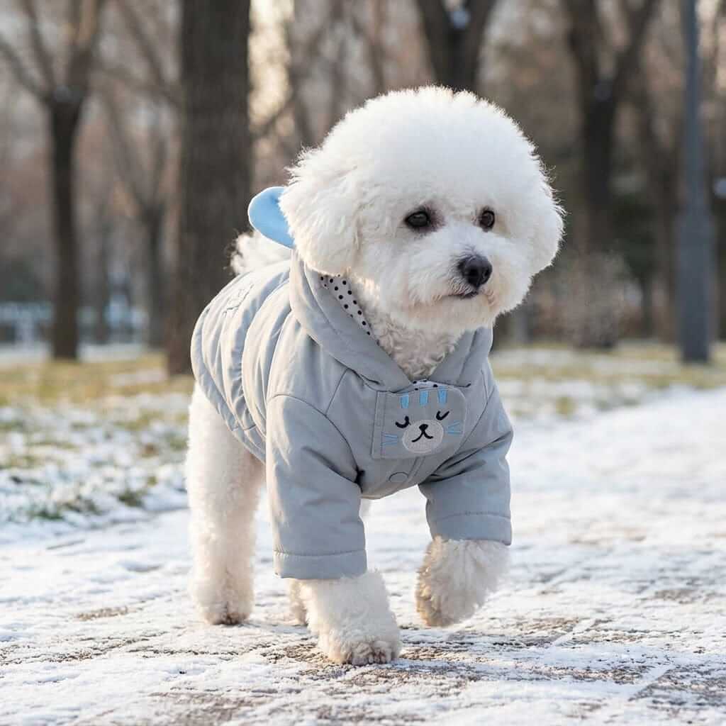 Warm Paw Haven Dog Winter Coat on a fluffy dog, featuring breathable fabric and a padded silhouette, ideal for winter.