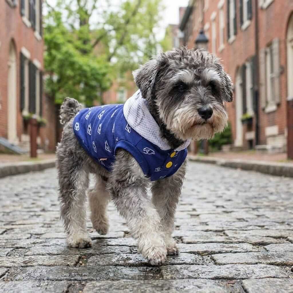 Warm Sleeveless Dog Hoodie on a dog walking on a cobblestone street, keeping warm and stylish for chilly weather.