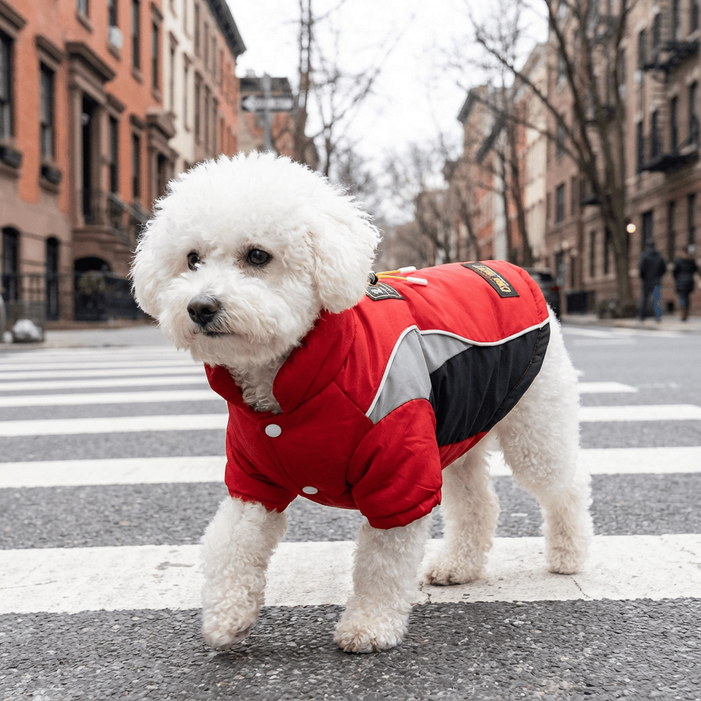 Warmer Insulated Dog Jacket on a fluffy dog walking in the street, featuring breathable and water-resistant material.