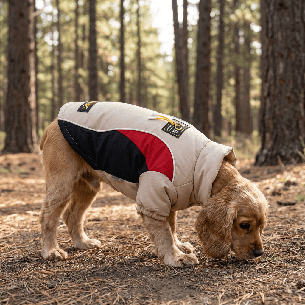 Warmer Insulated Dog Jacket on a dog sniffing the ground in a forest. Breathable and water-resistant for comfort.