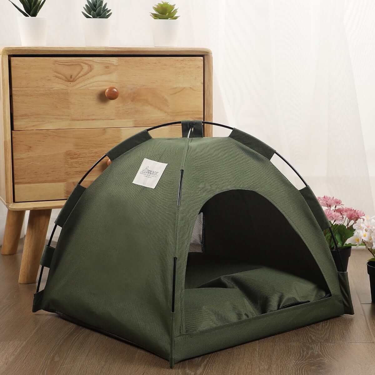 Washable Pet Tent Bed for dogs and cats, featuring soft polyester, removable cushion, and cozy design.