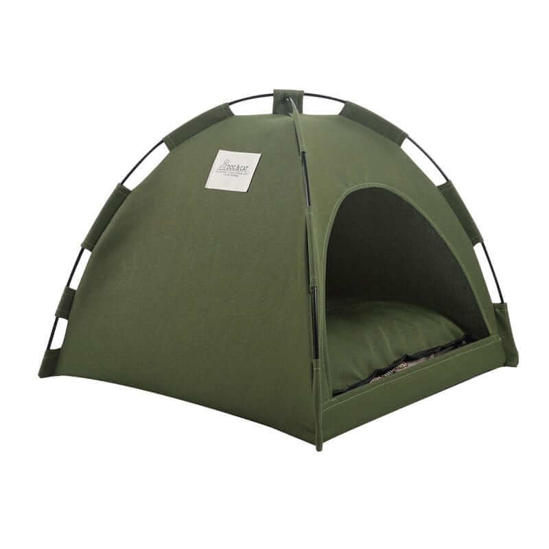 Washable Pet Tent Bed in green, cozy design for cats and small dogs, includes removable cushion, perfect for indoor and outdoor use.