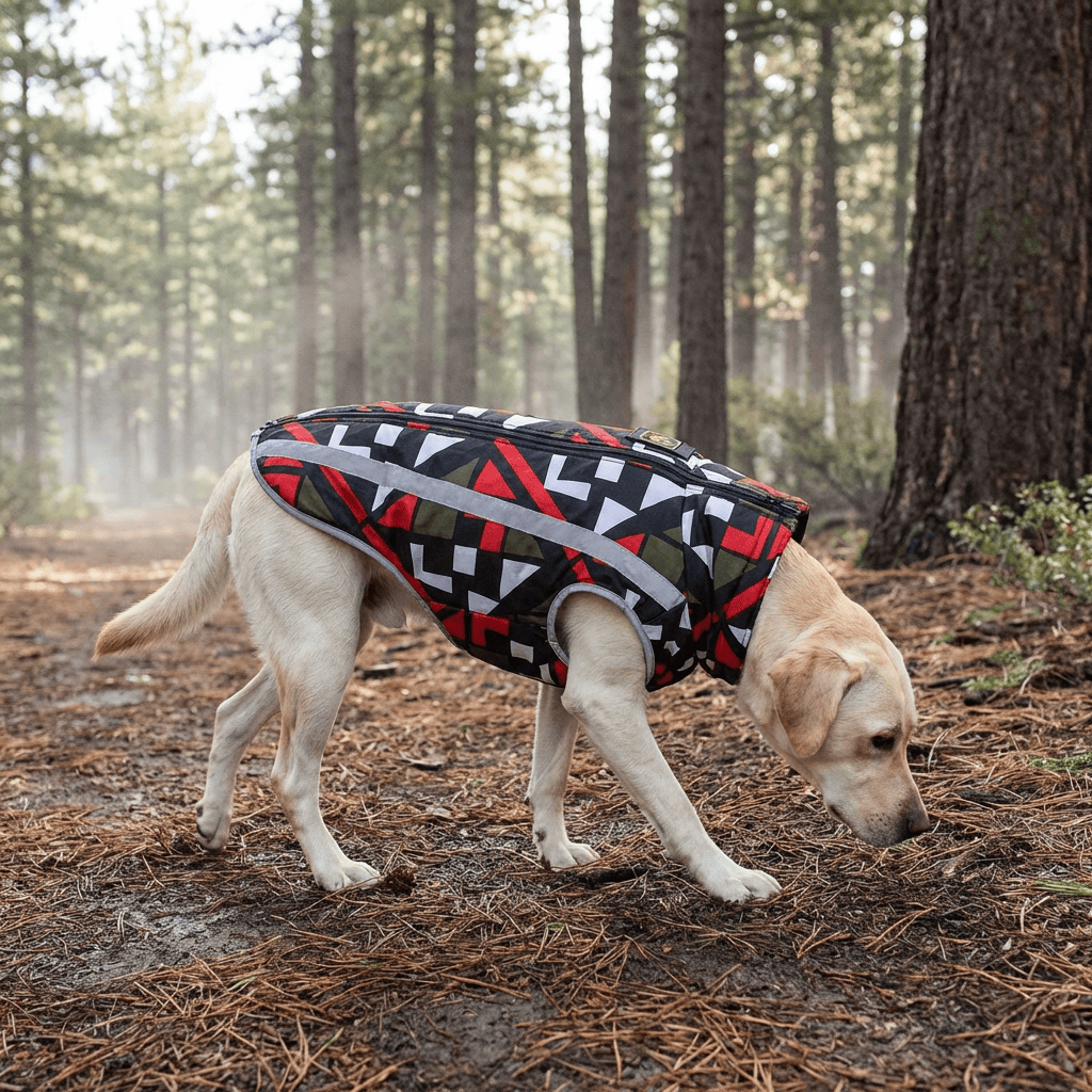 Water Resistant Dog Mesh Jacket on a Labrador walking in the forest, ideal for keeping dogs warm and dry.