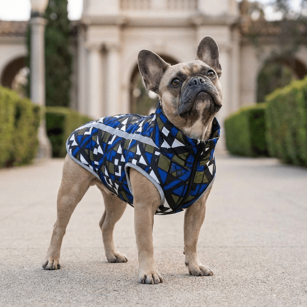 Water Resistant Dog Mesh Jacket on a French Bulldog, showcasing its stylish pattern and warmth for dogs and cats.