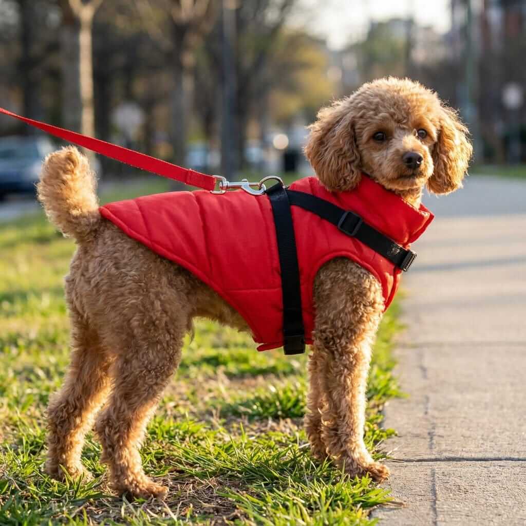 Dog wearing a Waterproof Cold Burst Pet Vest Coat in red, showcasing its insulated design and comfort for cold weather.
