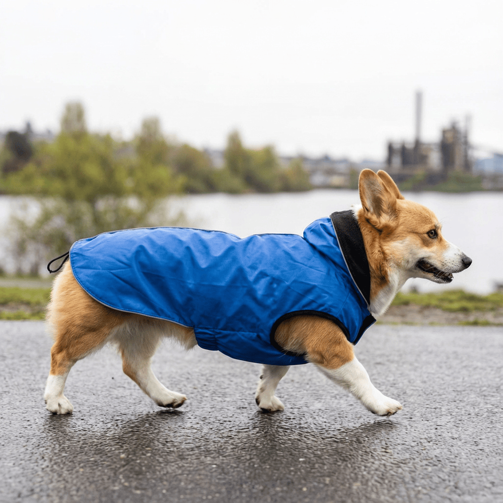 Waterproof Outdoor Jacket for Pet on a corgi, features water-resistant material, Dogs & Cats brand.