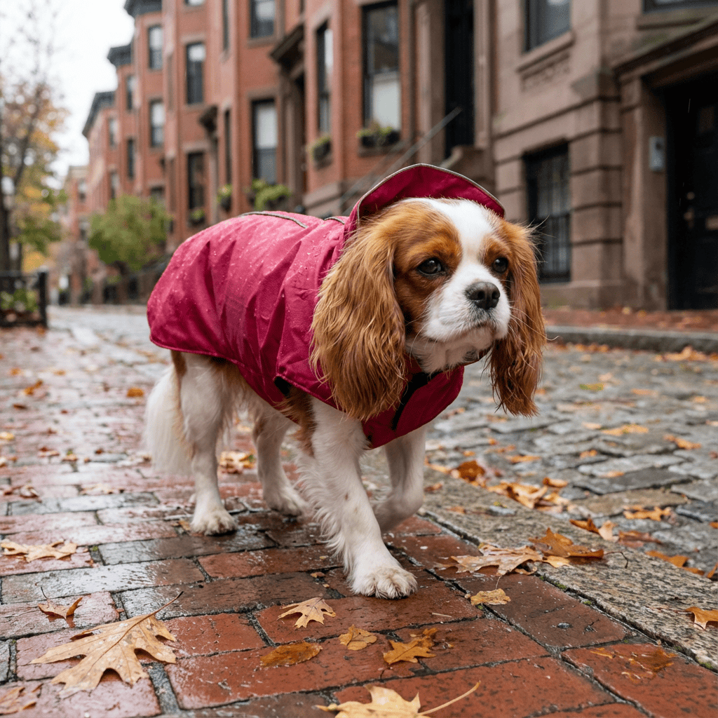Waterproof Outdoor Jacket for Pet on a dog walking outdoors in the rain, showcasing its water-resistant feature and stylish design.