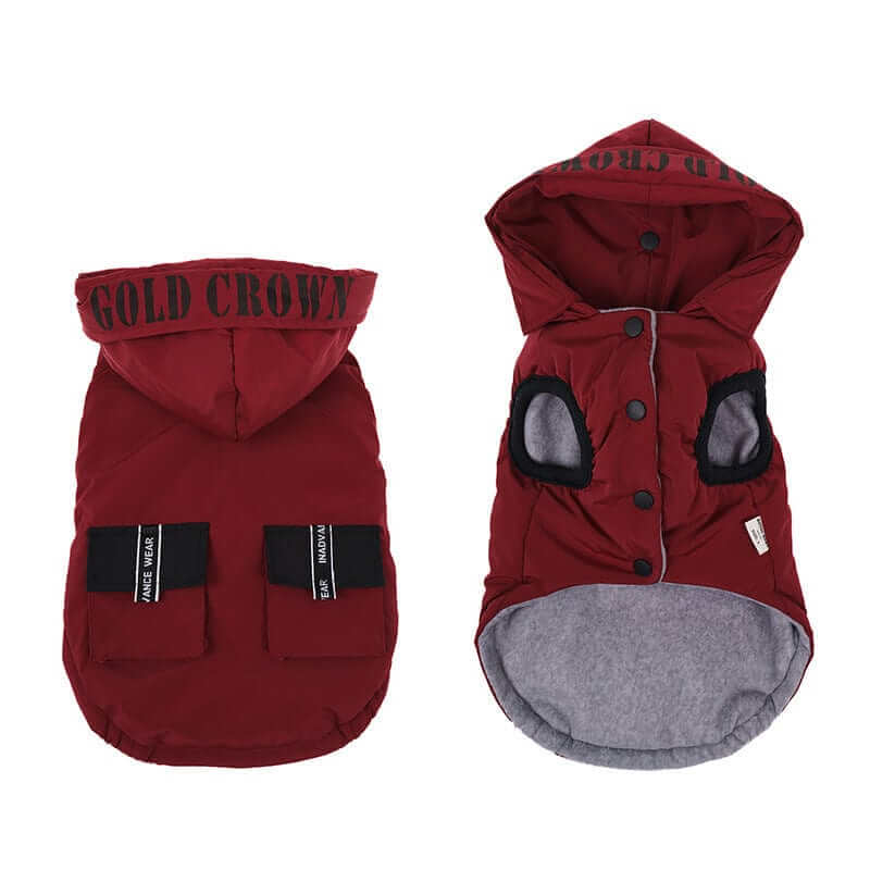 Waterproof Winter Dog Coat in red with hood and pockets for dogs and cats, designed to keep pets warm and dry.