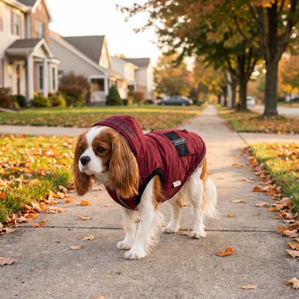 Waterproof Winter Dog Coat on a Cavalier King Charles Spaniel walking down a leaf-covered sidewalk.