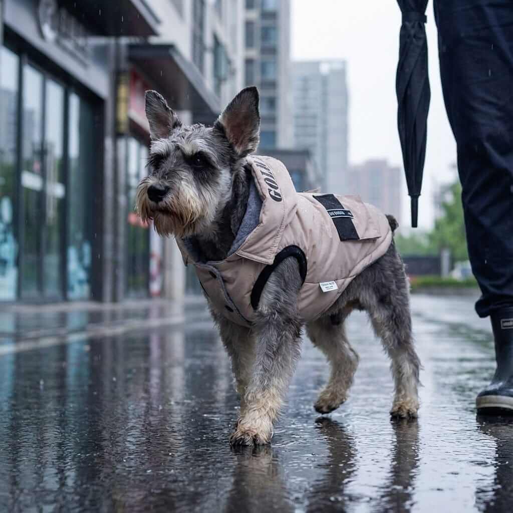 Waterproof Winter Dog Coat on a small dog walking in the rain, showcasing its stylish and functional design for dogs & cats.